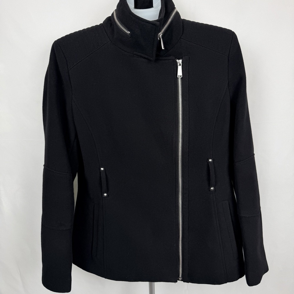 BCBG Paris Black Moto Jacket Womens L Asymmetrical Zip Coat Quiet Luxury Chic